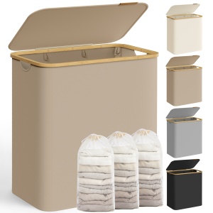 Cos de rufe cu capac, 3 compartimente, Roxanne, Maro, 60x38.5x70.5 cm - Img 2