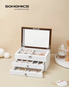 Cutie de bijuterii, Songmics, Alb-Lemn, 25x18x14.5 cm