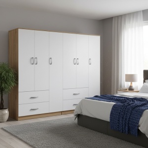 Dulap cu 6 usi, Athos, V16, Alb-Stejar, 180x42x180 cm