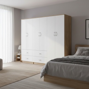 Dulap cu 6 usi, Athos, V4, Alb-Stejar, 240x42x180 cm