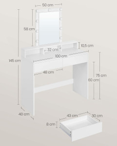 Masa de toaleta, Vasagle, Alb, 100x40x145 cm - Img 6
