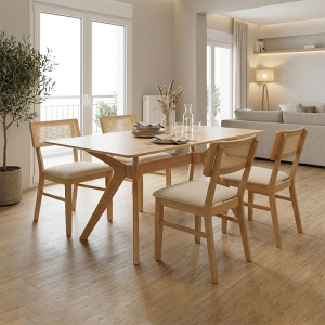 Set 5 bucati masa si scaune dining, Raffles, Natural, 90x150x76 cm