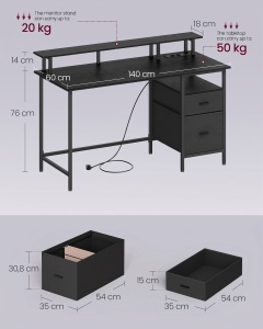 Birou Gaming Vasagle Negru, 2 Prize și 2 USB, 140x60x90 cm - Img 5