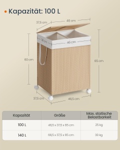Cos de rufe Songmics, Natur, LCB601N01, 46.5 x 37.5 x 65 cm - Img 5
