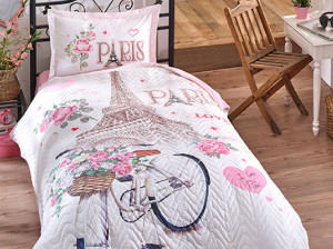 Lenjerie si Cuvertura 1 Persoana, pentru copii, Paris Love Roz (Bumbac 100%)