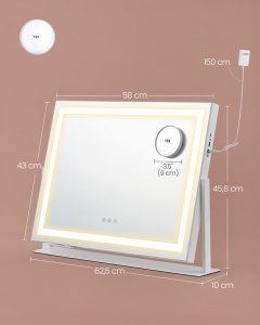 Oglinda de toaleta si machiaj V2 LED Songmics Alb 62.5x10x45.8 cm - Img 5