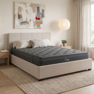 Set 2 piese Cadru de pat cu spatiu de depozitare si Saltea Norse-Resty, Ecru, 211x167x86 cm