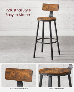Set 2 Scaune pentru Bar cu spatar, Vasagle, 54 x 54 x 99 cm, Maro Rustic - Img 8