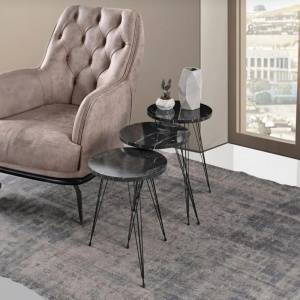 Set de 3 buc mese laterale Wakmi marmura neagra melamina metal negru 33x33x55 cm - Img 2