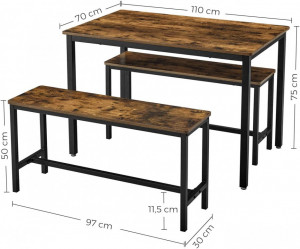 Set masa de dining si 2 banci Vasagle, Maro rustic, 110x70x75 cm - Img 2