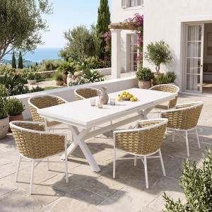 Set masa si scaune dining, 7 buc, Dagyn Noevo, Pako, Alb 240x90x76 cm