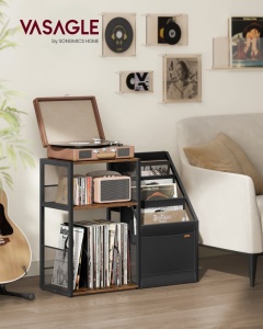 Suport pentru pick-up si discuri de vinil Mila, maro rustic/negru, 81x30x69 cm