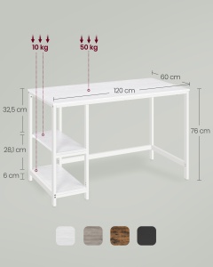 Birou Vasagle Alb 120x60x75 cm - Img 6