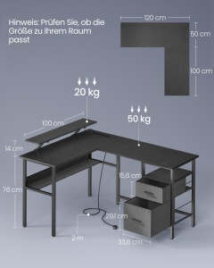Birou Vasagle Negru 150x120x89 cm - Img 6