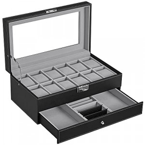 Cutie pentru ceasuri de mana, Songmics, Negru-Gri, 33x19.5x14 cm - Img 2