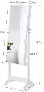 Dulap bijurerii cu oglinda, Songmics, Alb, 151.5x41x36.5 cm - Img 7