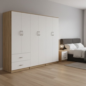 Dulap cu 6 usi, Athos I, V26, Alb-Stejar, 240x42x180 cm