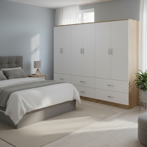 Dulap cu 6 usi, Athos, V23, Alb-Sonoma, 240x42x180 cm
