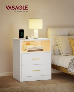 Noptiera cu prize, USB si LED, Custos, Alb, 30x40.1x50.2 cm