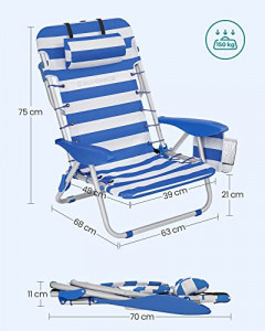 Scaun de plaja, Songmics, Albastru-Alb, 63x68x75 cm - Img 7