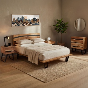 Set 4 buc. dormitor cadru pat si noptiere + comoda, Imena, Natural, 180x215x96 cm