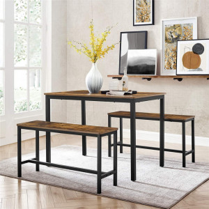 Set masa de dining si 2 banci Vasagle, Maro rustic, 110x70x75 cm - Img 8