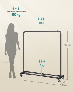 Suport pentru haine reglabil cu roti Songmics Negru 38x110x141.5 cm - Img 5