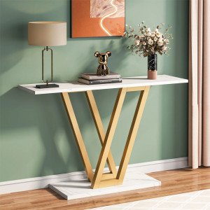 Consola Wirmo aspect marmura alb melaminat - picior din metal auriu 110x30x80cm - Img 2