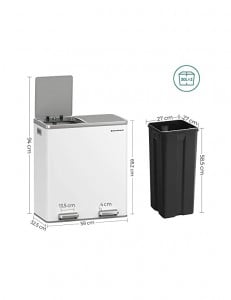 Cos pentru recilare dublu, Songmics, 2 x 30L, Alb, LTB60WT, 59 x 32 x 65 cm - Img 4