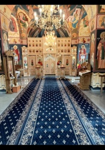 Covor biserica Traversa, Lotos, Albastru, 100x300 cm, Delta Model Bisericesc