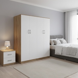 Dulap cu 4 usi, Athos I, V1, Alb-Stejar, 160x42x180 cm