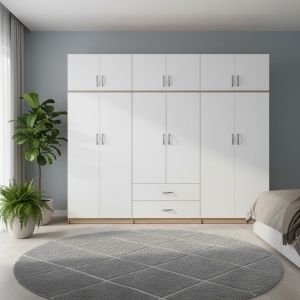 Dulap cu 6 usi, Athos I, V10, Alb-Stejar, 240x42x240 cm