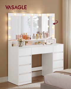 Masa de toaleta cu LED, Kailyn, Vasagle, Alb, 107x40x144 cm