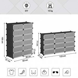 Pantofar set 12 cutii din plastic pentru depozitare, Songmics, Negru, 83x31x105 cm - Img 6