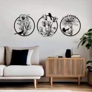 Set 3 bucati Decoratiune de perete din metal, Renka, Negru, 0.2x30x30 cm - Img 2