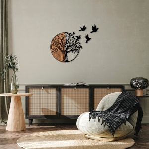 Accesoriu decorativ de perete din lemn si metal Tree And Birds Negru 92x3x71 cm - Img 3