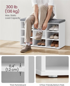 Bancuta hol cufar cu depozitare, Vasagle, Alb-Gri, 78.5x30.3x48 cm - Img 5
