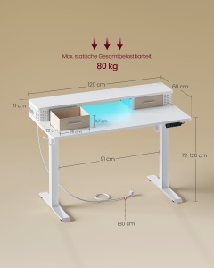 Birou reglabil Vasagle Alb 120x60x131.5 cm - Img 7