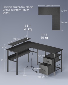 Birou Vasagle Negru 150x120x89 cm - Img 6