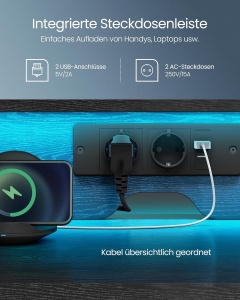 Birou Vasagle Negru, LED, 2 USB-A, 55 x 135 x 90 cm - Img 3