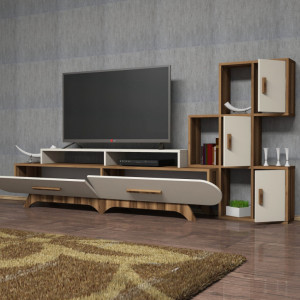 Comoda TV Flora S - Walnut, Crem - Img 4