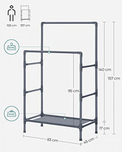 Cuier stender, Songmics, Gri, 88x44x154 cm - Img 5