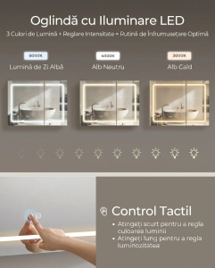 Dulap baie cu oglinda cu LED, Tiago, Alb, 80x60x16.5 cm - Img 6