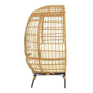 Fotoliu de gradina Frox ratan impletit picioare metalice naturale si negre perna bej 96x76x145 cm - Img 3