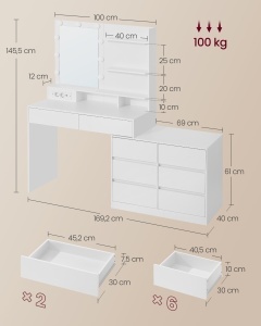 Masa de toaleta cu LED, Kailyn, Vasagle, Alb, 169.2x90x145.6 cm - Img 4
