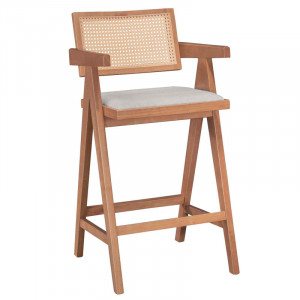 Scaun de bar cu brate Winslow lemn de arbore de cauciuc, culoarea lemn deschis, culoarea nuc - pvc ratan material culoare lemn natural - gri