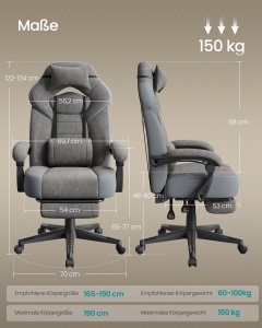 Scaun gaming, Cathy, Songmics, Gri, 69.7x72.4x133 cm - Img 6