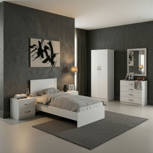 Set 5 Mobilier dormitor cu pat, Athos, Alb, 197.6x99x96 cm