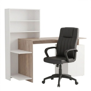 Set mobilier studenti birou cu biblioteca si scaun birou, 2 buc, Wisom, Sonoma, 146.3x55x128.8 cm - Img 2