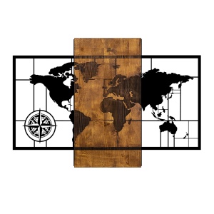 Accesoriu decorativ de perete din lemn si metal Harta cu busola Nuc 58x85 cm - Img 2